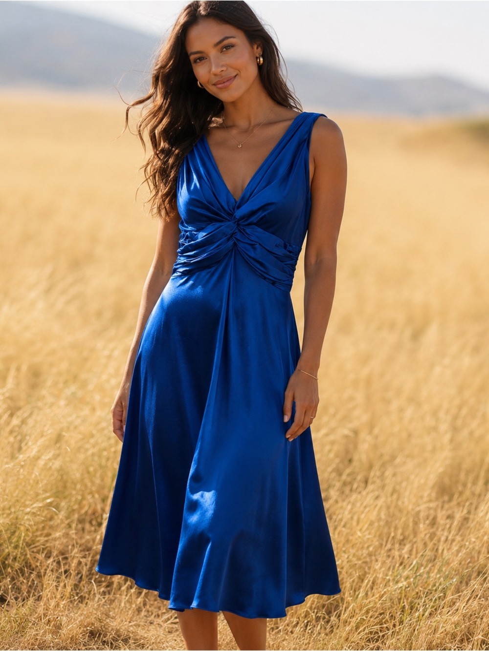 Cobalt Blue Silk Knot-Front Cocktail Gown EUC